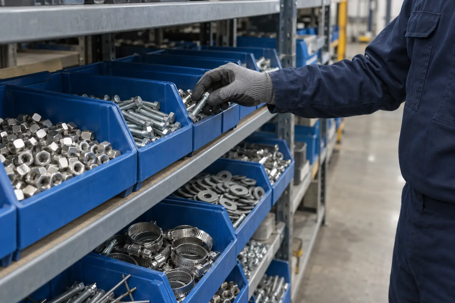 Selección de tornillería y abrazaderas en un almacén de ferretería industrial