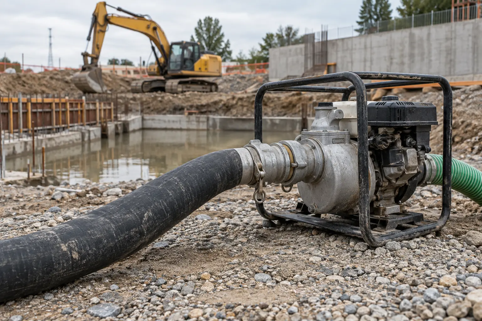 Manguera y bomba de desagüe en una obra de construcción