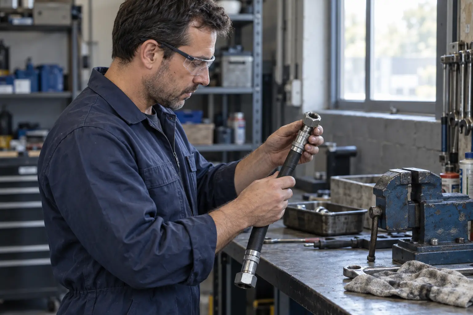 Técnico revisando una manguera hidráulica en un taller de mantenimiento